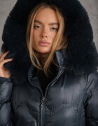 j.style Jachetă Palton Verde închis cu Matlasare Decorativă cu Glugă cu Blană și Încrețituri Larian