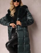 j.style Palton matlasat verde închis sub genunchi cu cordon și blană Vivenda