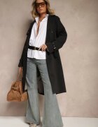 j.style Palton Negru tip Trenci cu două rânduri de nasturi cu Epoleți și Curea în Talie Malwizia