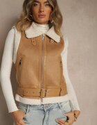 j.style Vestă bej în stil Rock cu blană artificială tip miel și cataramă Tiofira