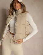 j.style Vestă Bej închis Decorată cu Matlasare și Căptușeală Imprimată cu Meandru Olerea