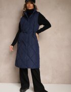 j.style Vestă Lungă Bleumarin cu Cusături Matlasate cu Guler Înalt și Buzunare Avalithe