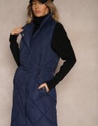 j.style Vestă Lungă Bleumarin cu Cusături Matlasate cu Guler Înalt și Buzunare Avalithe