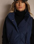 j.style Vestă Lungă Bleumarin cu Cusături Matlasate cu Guler Înalt și Buzunare Avalithe