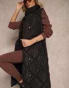 j.style Vestă lungă neagră cu cusături matlasate cu guler înalt și buzunare Avalithe