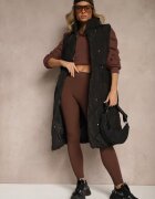 j.style Vestă lungă neagră cu cusături matlasate cu guler înalt și buzunare Avalithe