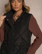 j.style Vestă lungă neagră cu cusături matlasate cu guler înalt și buzunare Avalithe