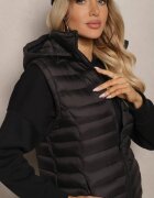 j.style Vestă Lungă Neagră cu glugă și matlasare decorativă Vitiena
