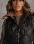 j.style Vestă neagră cu glugă detașabilă matlasare decorativă și șnururi cu opritori Liolena