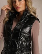 j.style Vestă Neagră Lungă Lăcuită cu Glugă și Matlasată Suymea