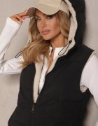 j.style Vestă Neagră Reversibilă cu Blană de Miel și Cusături Matlasate cu Glugă Lertitana