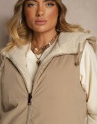j.style Vestă Reversibilă Bej închis cu blană tip miel și cusături matlasate cu glugă Lertitana