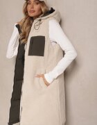j.style Vestă Reversibilă cu Blană tip Miel și Cusături Matlasate cu Glugă Verde închis Lertitana