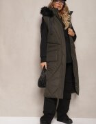 j.style Vestă Verde închis lungă matlasată și glugă decorată cu blană Avarilla