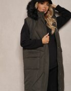 j.style Vestă Verde închis lungă matlasată și glugă decorată cu blană Avarilla