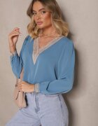 j&x Bluză Albastră Rustică cu decolteu în V Decorată cu dantelă Gonasea