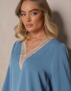 j&x Bluză Albastră Rustică cu decolteu în V Decorată cu dantelă Gonasea