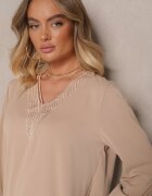 j&x Bluză Bej Rustică cu Decolteu în V Împodobită cu Dantelă Gonasea