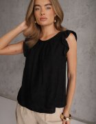j&x Bluză de vară din viscoză cu broderie și volănașe imitând mâneci Idagoria Neagră