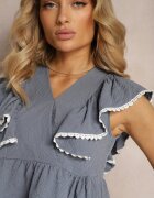 j&x Bluză elegantă bleumarin decorată la umeri cu volan Gimemia