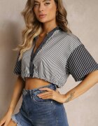 j&x Bluză Neagră Scurtă Stil retro cu nasturi Decorată cu dungi Fito