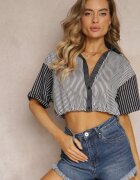 j&x Bluză Neagră Scurtă Stil retro cu nasturi Decorată cu dungi Fito