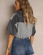 j&x Bluză Neagră Scurtă Stil retro cu nasturi Decorată cu dungi Fito
