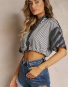 j&x Bluză Neagră Scurtă Stil retro cu nasturi Decorată cu dungi Fito