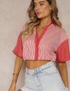 j&x Bluză Roșie Scurtă Stil Retro Cu nasturi Decorată Cu dungi Fito