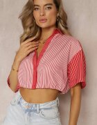 j&x Bluză Roșie Scurtă Stil Retro Cu nasturi Decorată Cu dungi Fito
