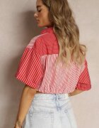 j&x Bluză Roșie Scurtă Stil Retro Cu nasturi Decorată Cu dungi Fito