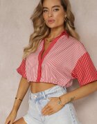 j&x Bluză Roșie Scurtă Stil Retro Cu nasturi Decorată Cu dungi Fito