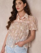 j&x Bluză roză din plasă cu imprimeu floral și guler Kiasia