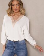 j&x Bluză Rustică Albă cu Decolteu în V Decorată cu Dantelă Gonasea