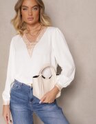 j&x Bluză Rustică Albă cu Decolteu în V Decorată cu Dantelă Gonasea