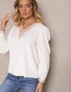 j&x Bluză Rustică Albă cu Decolteu în V Decorată cu Dantelă Gonasea