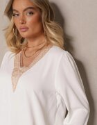 j&x Bluză Rustică Albă cu Decolteu în V Decorată cu Dantelă Gonasea