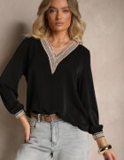 j&x Bluză Rustică Neagră cu decolteu în V Decorată cu dantelă Gonasea