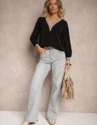 j&x Bluză Rustică Neagră cu decolteu în V Decorată cu dantelă Gonasea
