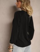 j&x Bluză Rustică Neagră cu decolteu în V Decorată cu dantelă Gonasea