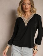 j&x Bluză Rustică Neagră cu decolteu în V Decorată cu dantelă Gonasea