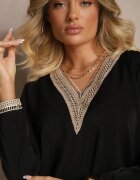 j&x Bluză Rustică Neagră cu decolteu în V Decorată cu dantelă Gonasea