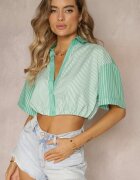 j&x Bluză Verde Scurtă în Stil Retro cu Nasturi Decorată cu Dungi Fito