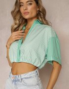 j&x Bluză Verde Scurtă în Stil Retro cu Nasturi Decorată cu Dungi Fito