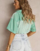 j&x Bluză Verde Scurtă în Stil Retro cu Nasturi Decorată cu Dungi Fito