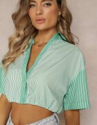j&x Bluză Verde Scurtă în Stil Retro cu Nasturi Decorată cu Dungi Fito