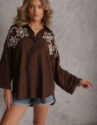 j&x Cămașă Maro din Vâscoză tip Liliac cu Mâneci Reglabile și Broderie Drenesh