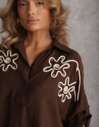 j&x Cămașă Maro din Vâscoză tip Liliac cu Mâneci Reglabile și Broderie Drenesh