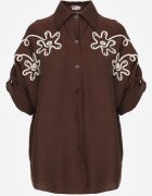 j&x Cămașă Maro din Vâscoză tip Liliac cu Mâneci Reglabile și Broderie Drenesh