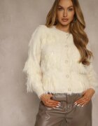 j&x Cardigan Bej în stil elegant cu imitație de pene și nasturi de perle Nessea